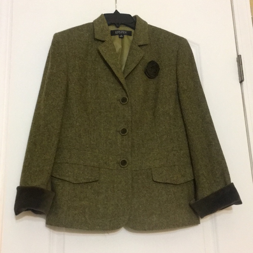Kasper Green Wool Blazer with Suede Details